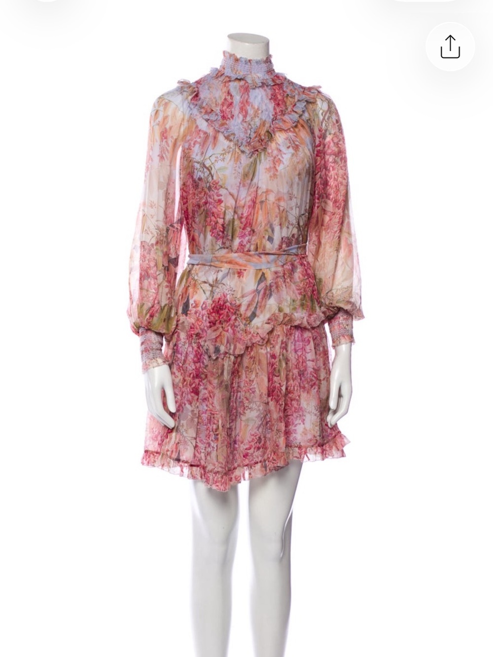 Zimmermann Pink Floral High-Neck Ruffle Mini Dress